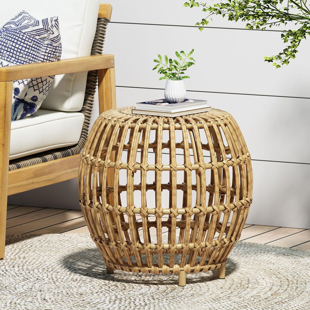 Hearth and Haven Ottawa Outdoor Side Table with Open Weave Design in Light Brown, , large
