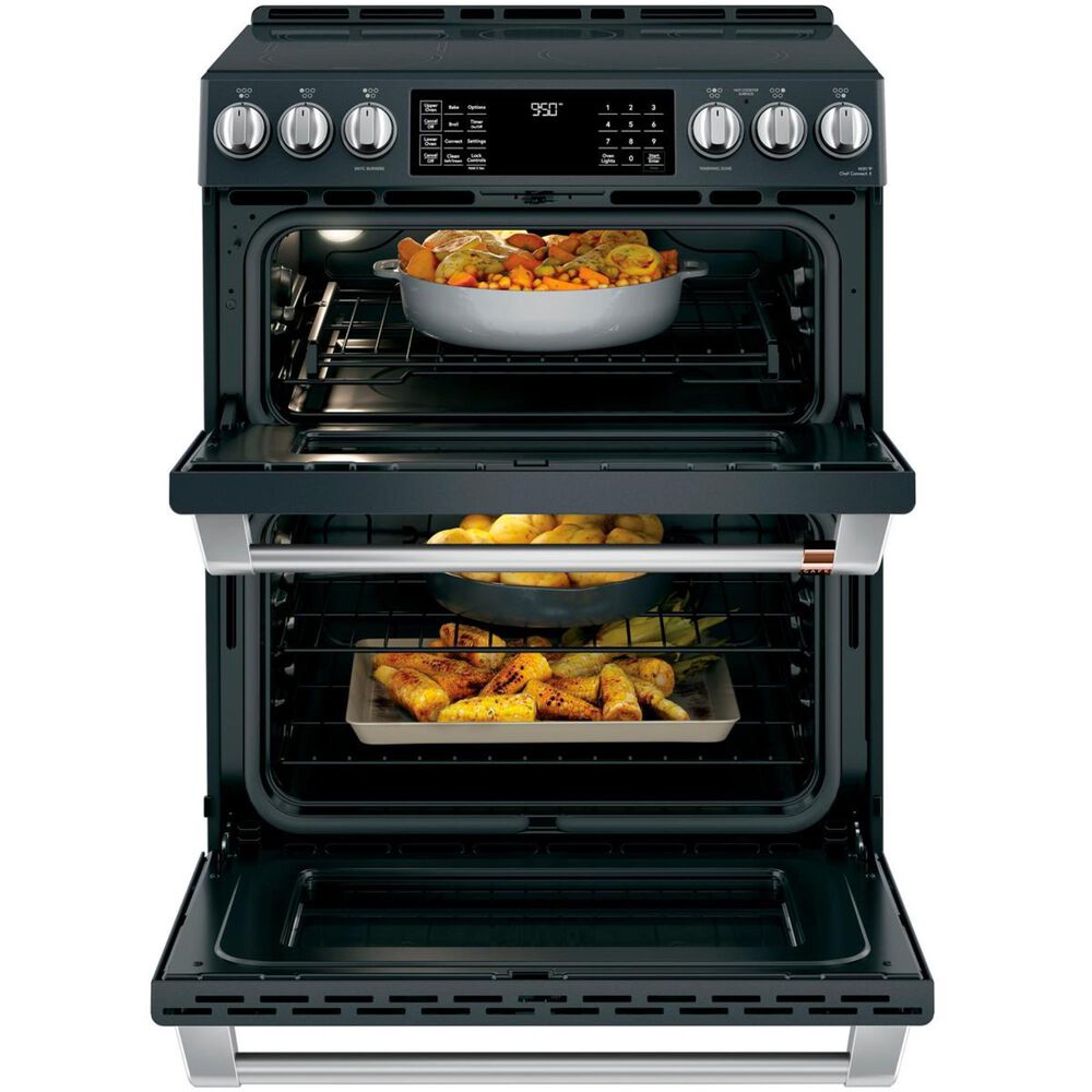 Cafe 30" Slide-In Front Control Induction and Convection Double Oven Range in Matte Black With Brushed Stainless Handles and Control Knobs, , large