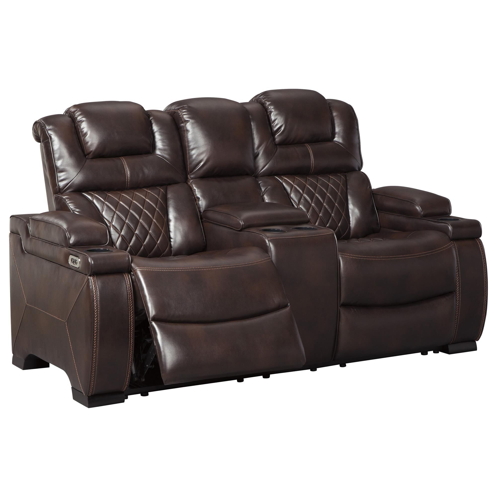 Signature Design by Ashley Warnerton Power Recliner Loveseat with Console in Chocolate Nebraska Furniture Mart
