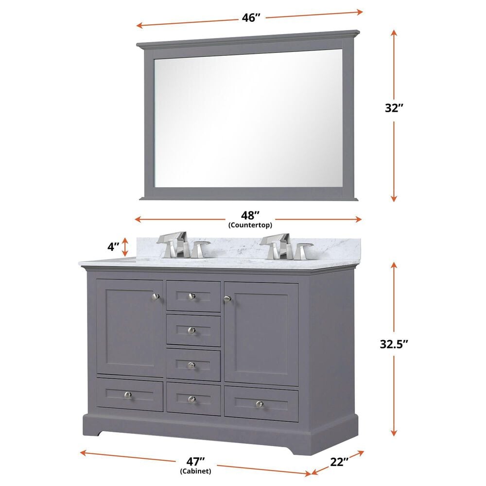 Lexora Home Dukes 48&quot; Double Bathroom Vanity in Dark Grey with 2 cm White Carrara Marble Top and Rectangular Sinks, , large