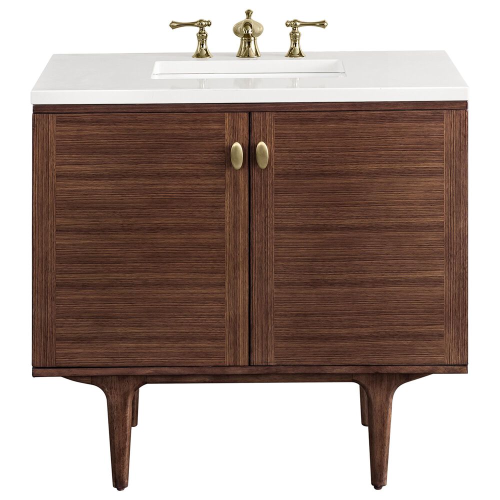 James Martin Vanities Amberly 36" Single Bathroom Vanity in Walnut with 3 cm White Zeus Quartz Top and Rectangular Sink, , large