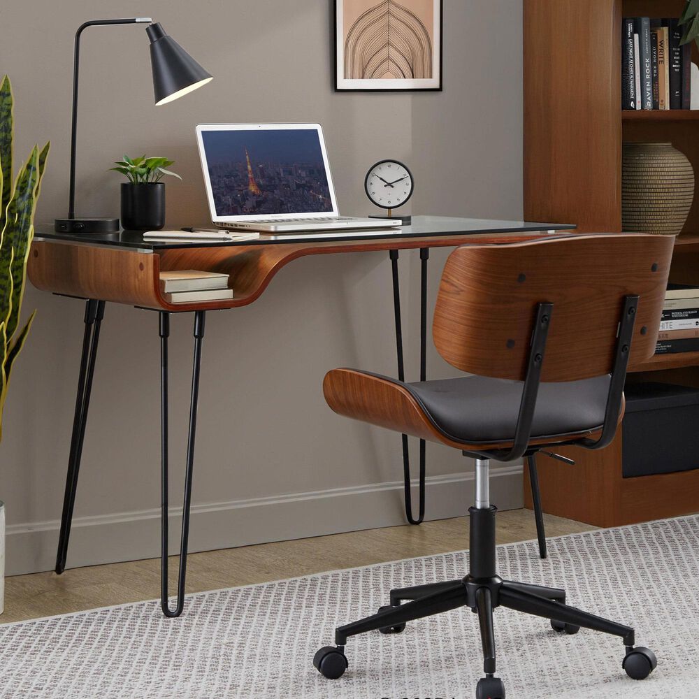 LumiSource Lombardi Swivel Office Chair with Espresso Faux Leather in Walnut, , large