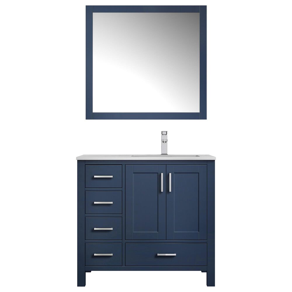 Lexora Home Jacques 36" Right Single Bathroom Vanity in Navy Blue with White Carrara Marble Top, Rectangle Sink, Chrome Faucet and Mirror, , large