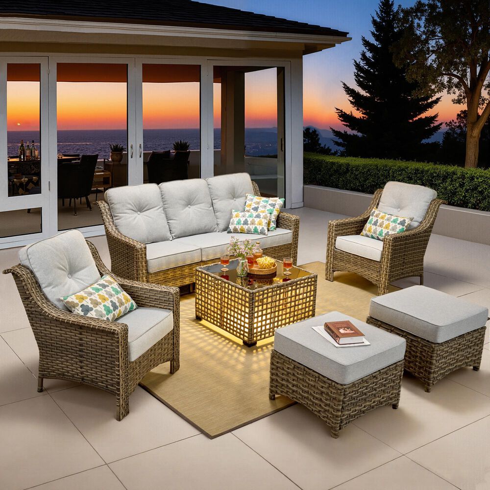 HOMLUX 6-Piece Patio Conversation Set with Coffee Table in Light Grey, , large
