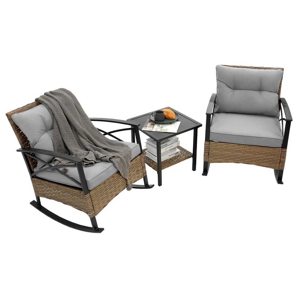 Hearth and Haven 3-Piece Patio Chat Set with Gray Cushion in Black, , large