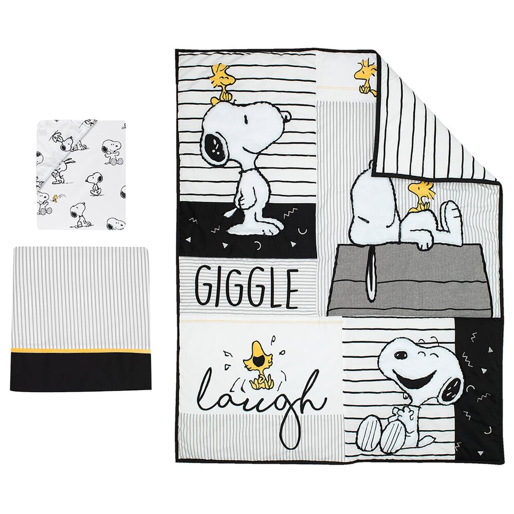 Lambs and Ivy Classic Snoopy 3-Piece Baby Crib Bedding Set in White, Black and Gray, , large