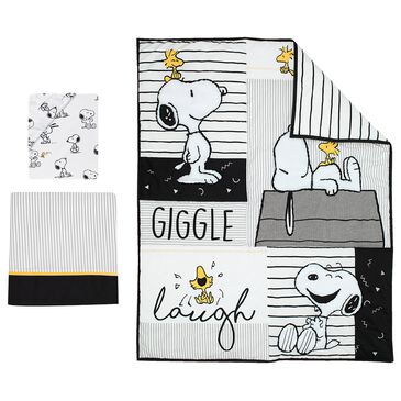 Lambs and Ivy Classic Snoopy 3-Piece Baby Crib Bedding Set in White, Black and Gray, , large