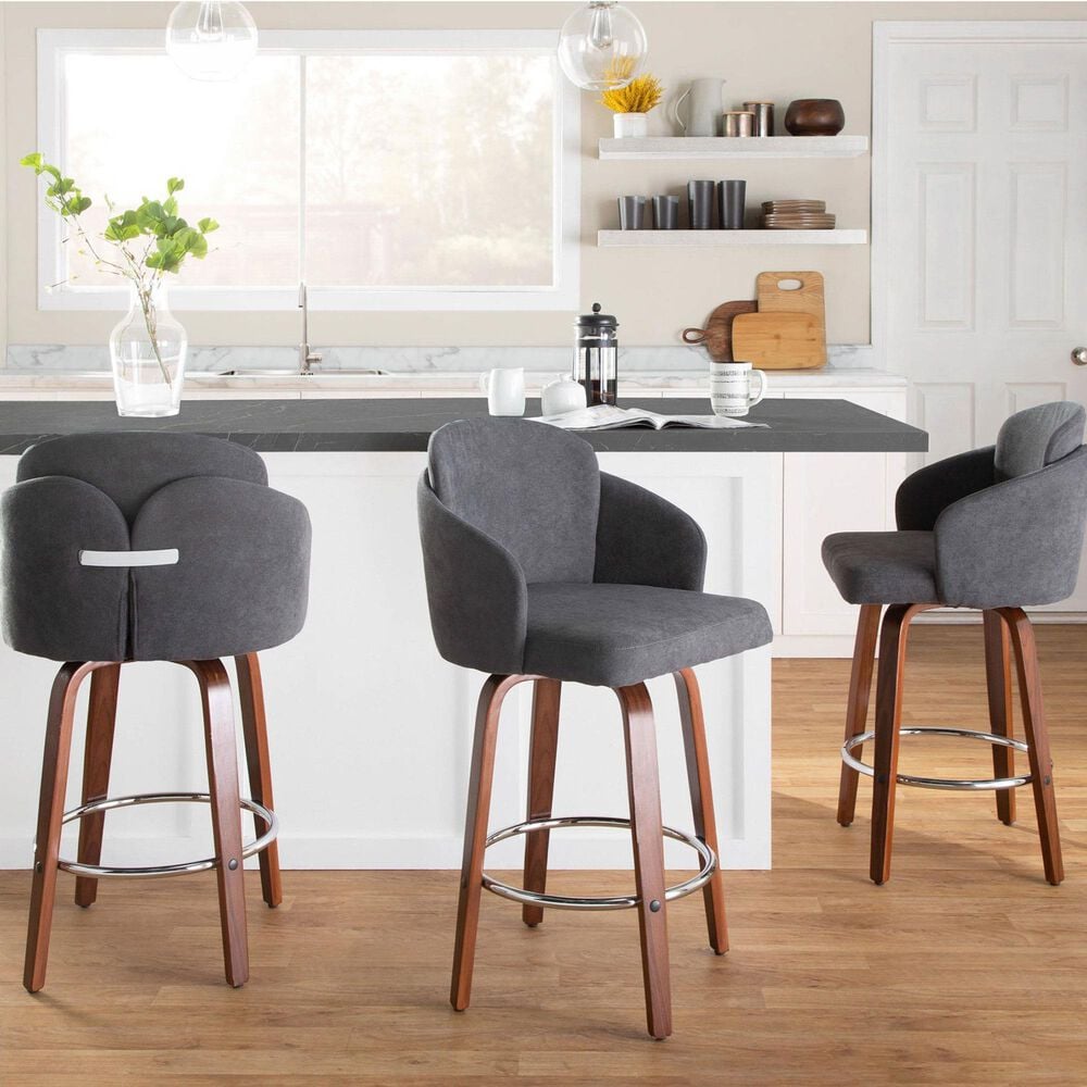LumiSource Dahlia Swivel Counter Stool with Grey Upholstery in Walnut and Chrome (Set of 2), , large