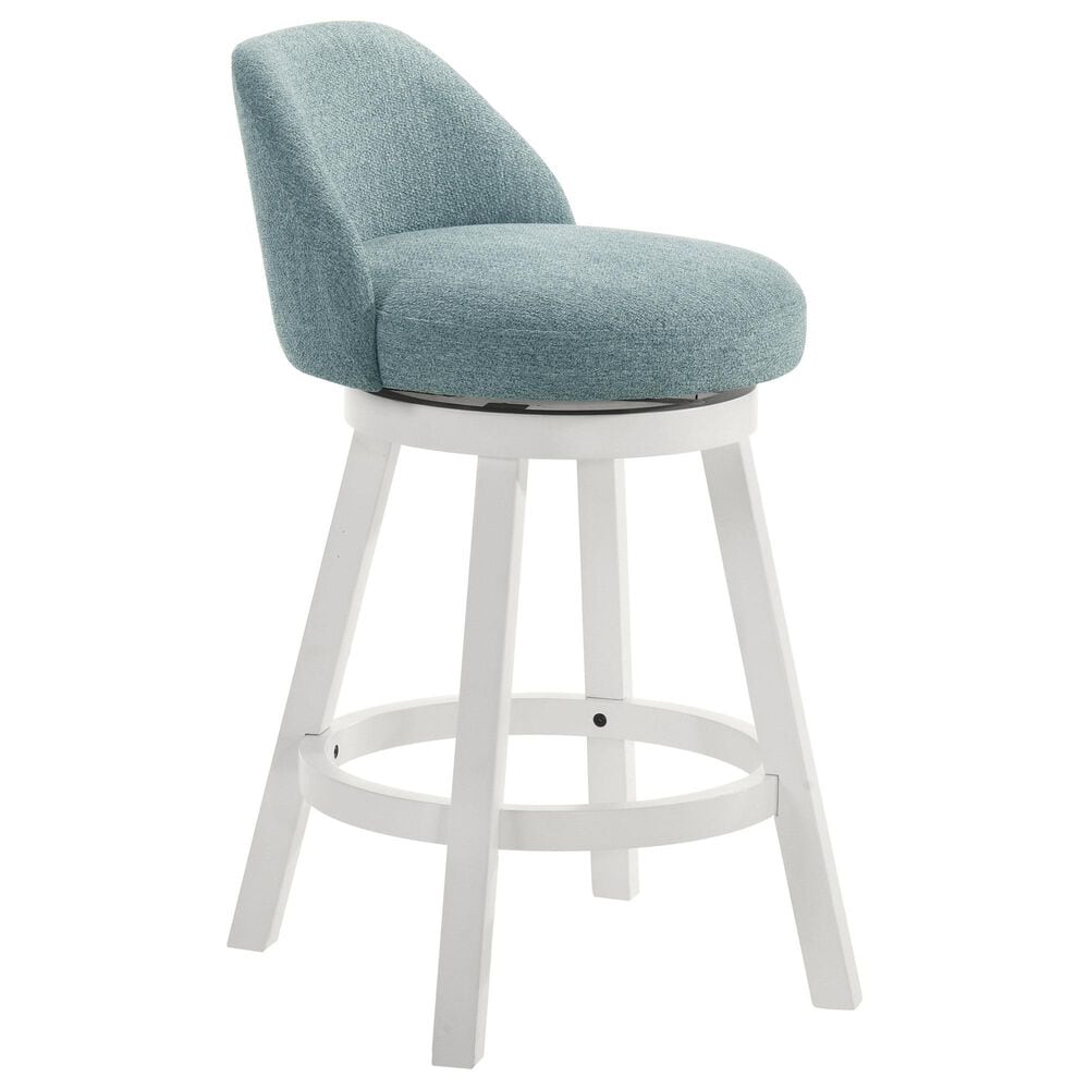 Armen Living Erika Swivel Counter Height Stool with Light Blue Upholstery in White, , large