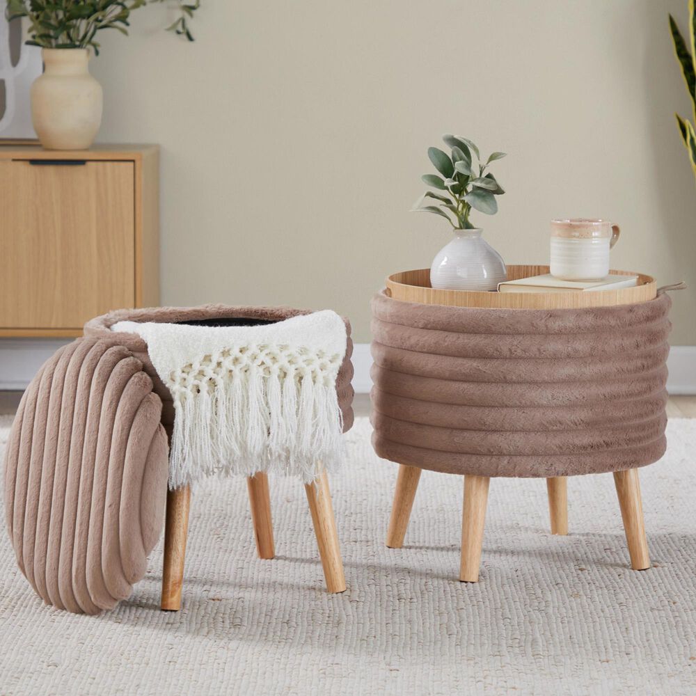 Lumisource Tray Plush 2-Piece Storage Ottoman Set in Light Brown, , large