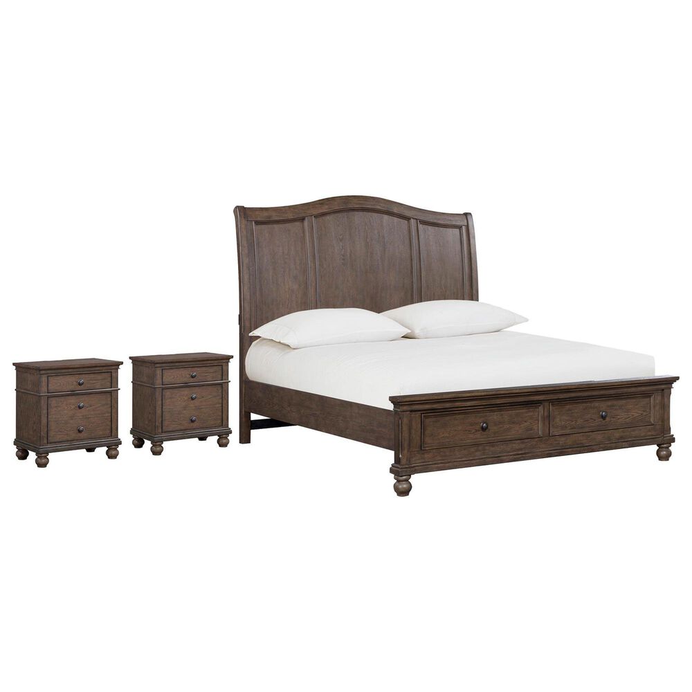 Riva Ridge Oxford California King Sleigh Storage Bed with Two Nightstands in Cocoa with AC Outlets and USB Ports, , large