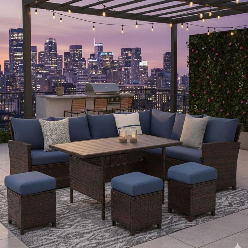 Hearth and Haven 7-Piece Outdoor Dining Set with Blue Cushion in Brown, , large