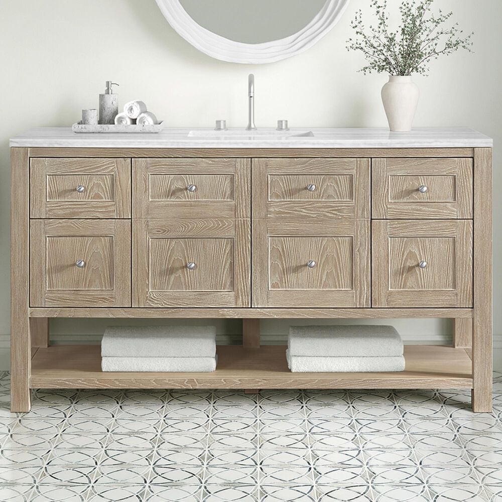 James Martin Vanities Breckenridge 60&quot; Single Bathroom Vanity in Whitewashed Oak with 3 cm Arctic Fall Solid Surface Top and Rectangular Sink, , large