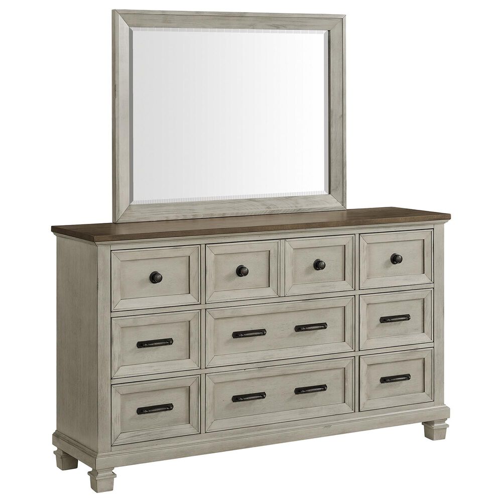 Mayberry Hill Farmington 9-Drawer Dresser and Mirror in Medium Brown and Washed Stone, , large