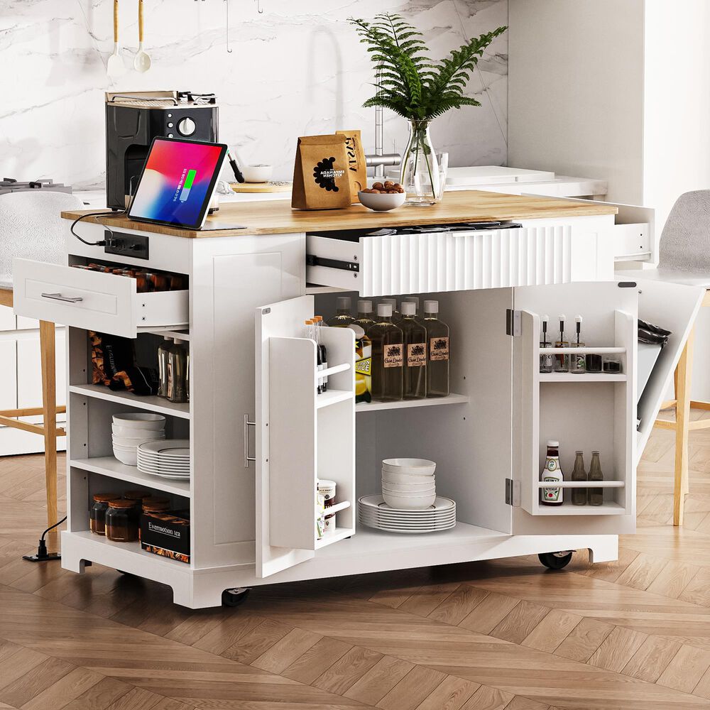 HOMLUX 49" Kitchen Island with Trash Can Storage Cabinet in White, , large
