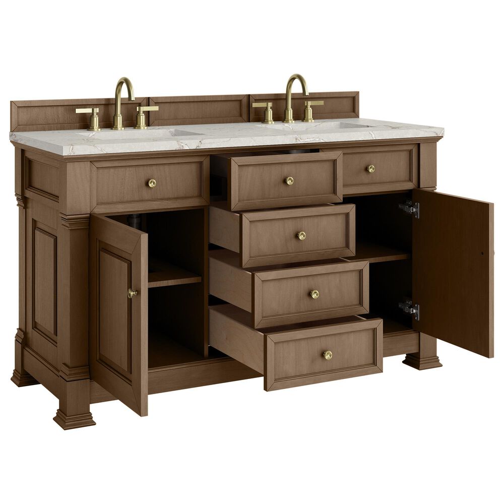 James Martin Vanities Brookfield 60" Double Bathroom Vanity in Pecan with 3 cm Eternal Jasmine Pearl Silestone Top, Rectangular Sinks and FreePower Wireless Charger, , large