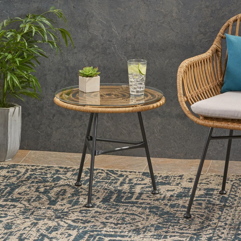 Hearth and Haven Orlando Round Patio Side Table in Light Brown and Polished Black, , large