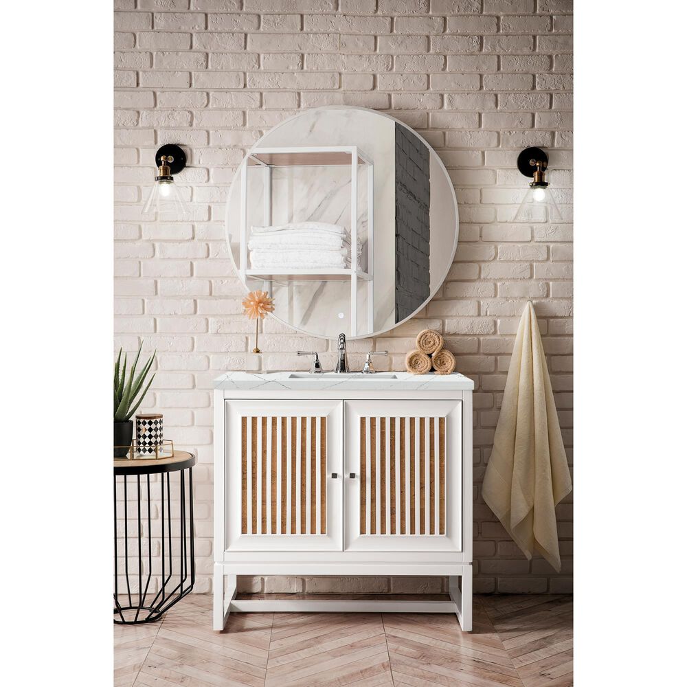 James Martin Vanities Athens 36&quot; Single Bathroom Vanity in Glossy White with 3 cm Ethereal Noctis Quartz Top and Rectangular Sink, , large