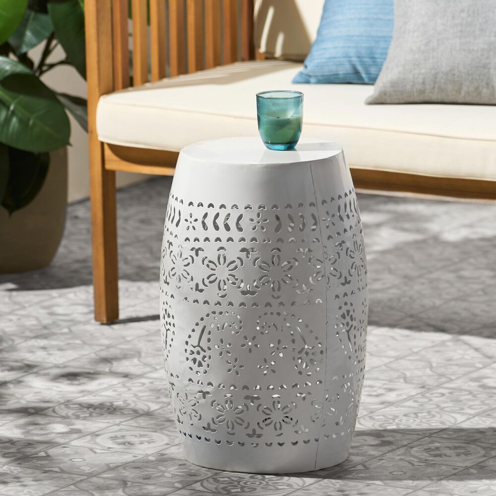 Hearth and Haven Ruby Outdoor Barrel End Table with Lace-Cut Design in White, , large