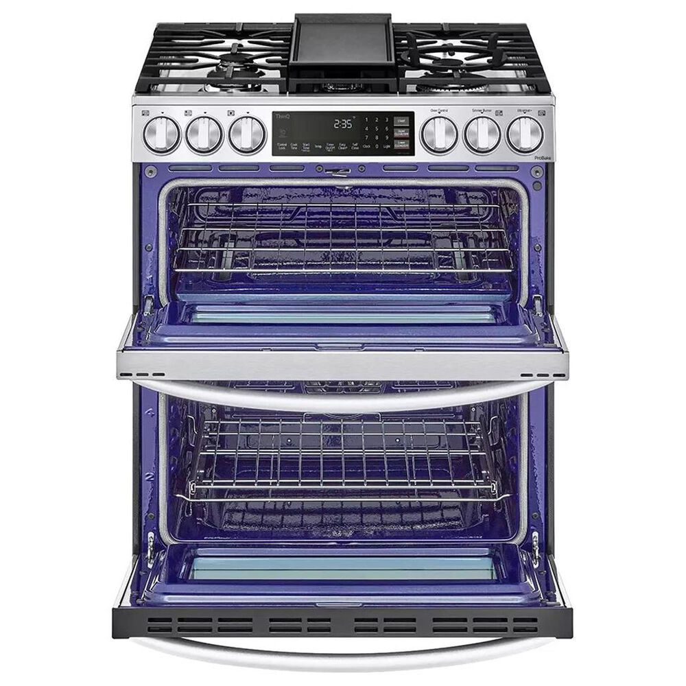 LG 2-Piece Kitchen Package with 6.9 Cu. Ft. Smart Slide-In Double Oven Gas Range and 2.1 Cu. Ft. Smart Over-the-Range Microwave in Printproof Stainless Steel, , large