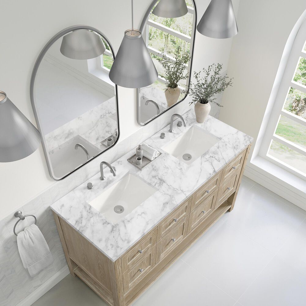 James Martin Vanities Breckenridge 60&quot; Double Bathroom Vanity in Whitewashed Oak with 3 cm Carrara White Marble Top and Rectangular Sinks, , large