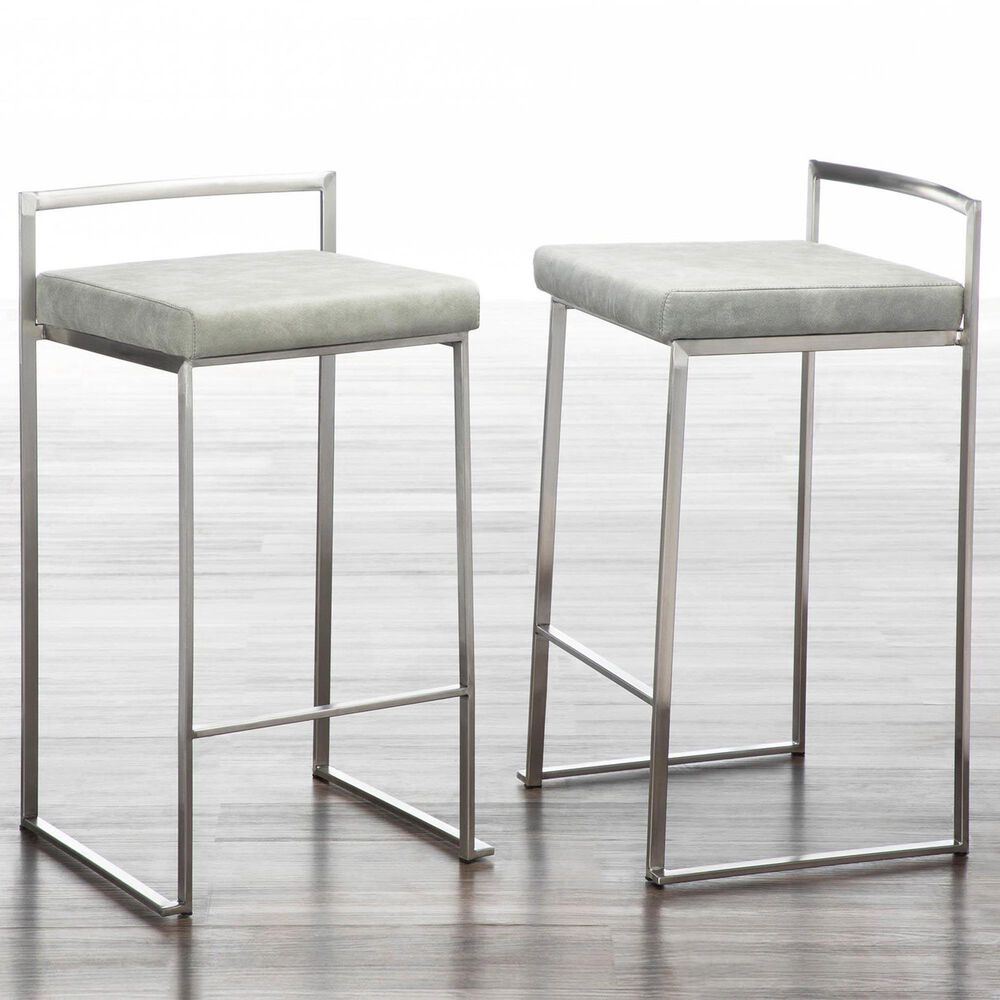 LumiSource Fuji 26" Stacker Counter Stool with Light Grey Cowboy Upholstery in Brushed Stainless Steel (Set of 2), , large