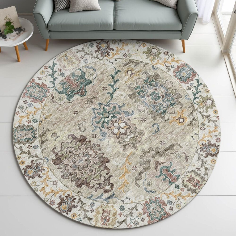 Dalyn Rug Company Silk Road Putty, Ivory, Taupe, Gold, Copper, Blue and Wheat 8&#39; Round Area Rug, , large