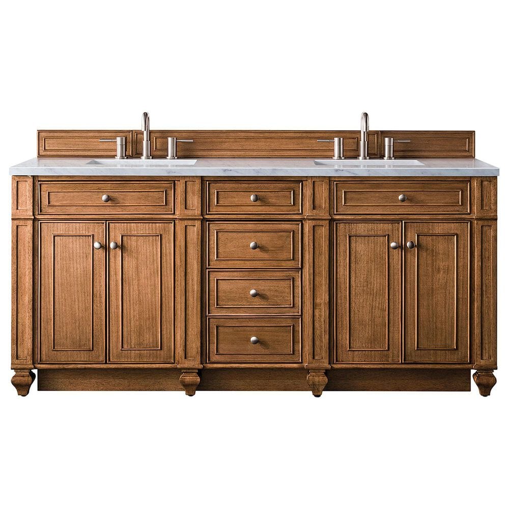 James Martin Vanities Bristol 72" Double Bathroom Vanity in Saddle Brown with 3 cm Carrara White Marble Top and Rectangular Sinks, , large