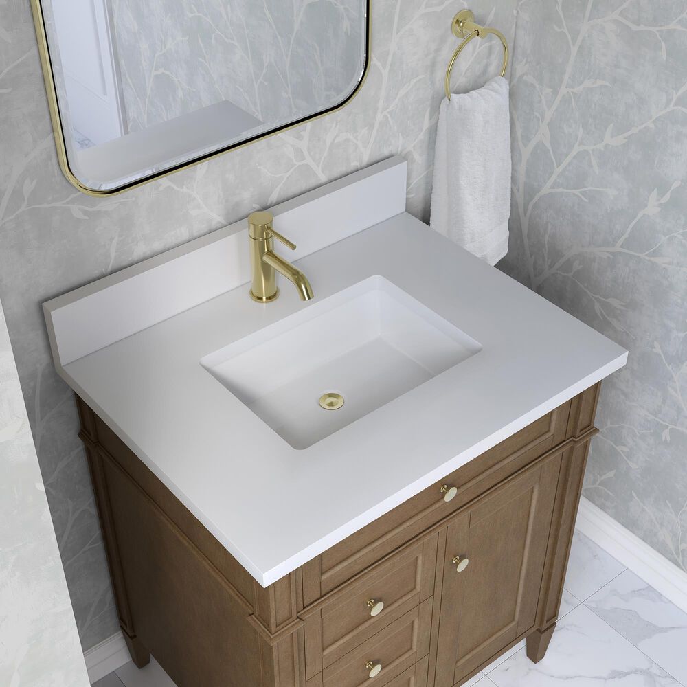 James Martin Brittany 30" Single Bathroom Vanity in Pecan with Single Hole 3 cm White Zeus Silestone Top and Rectangular Sink, , large