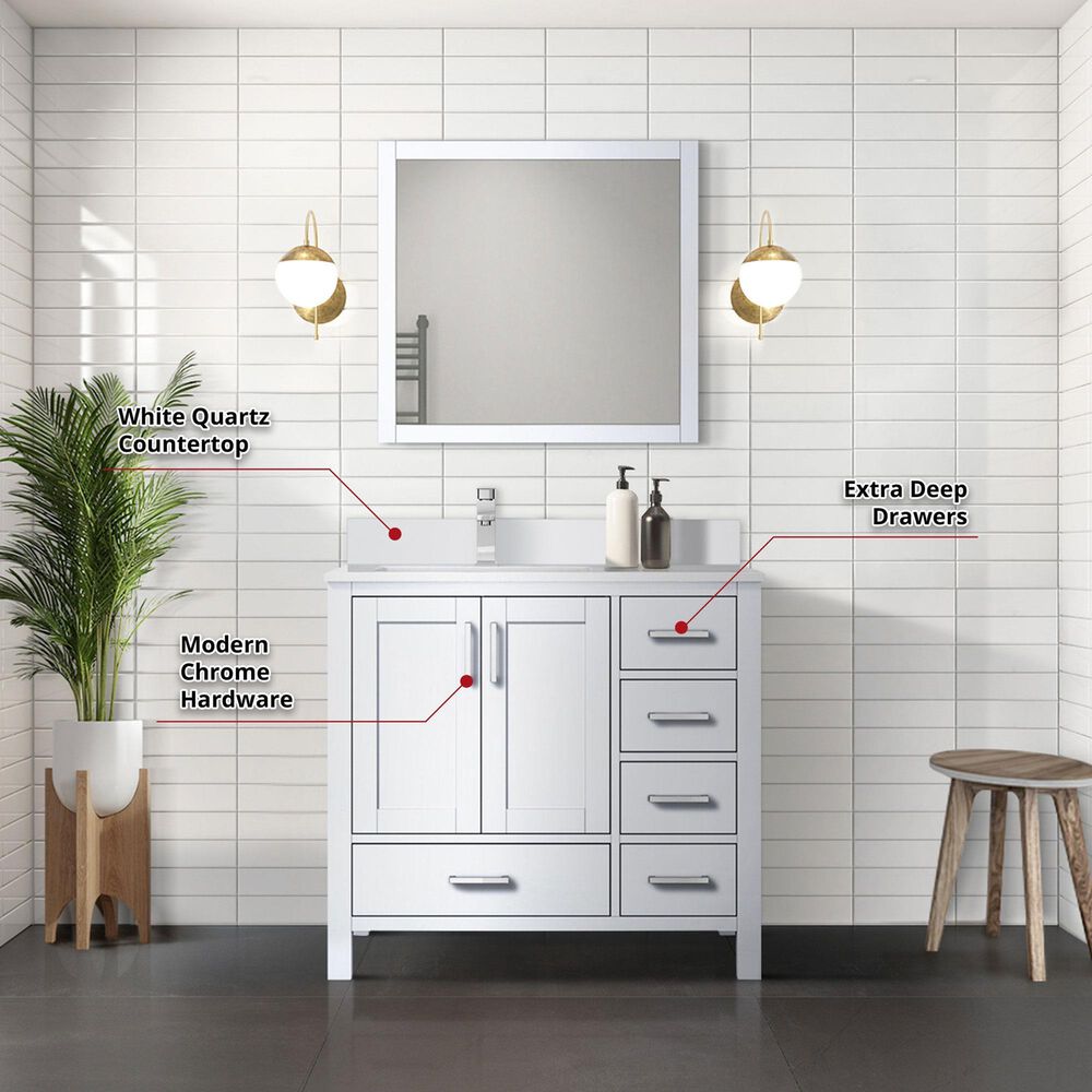 Lexora Home Jacques 36&quot; Left Offset Single Bathroom Vanity in Dark Grey with 2 cm White Quartz Top, Rectangular Sink and 34&quot; Mirror, , large