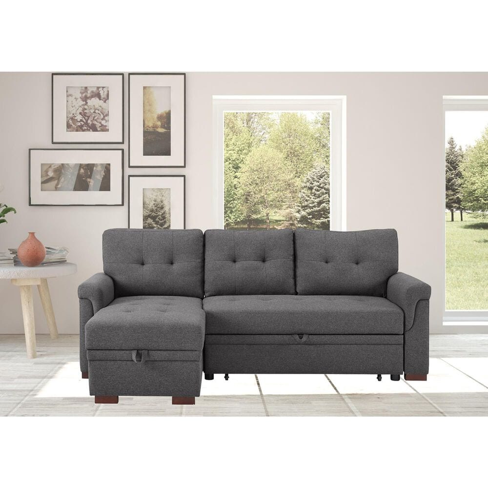 HOMLUX 84"W Reversible Linen Sleeper Sectional Sofa with Storage Chaise, in Dark Gray, , large