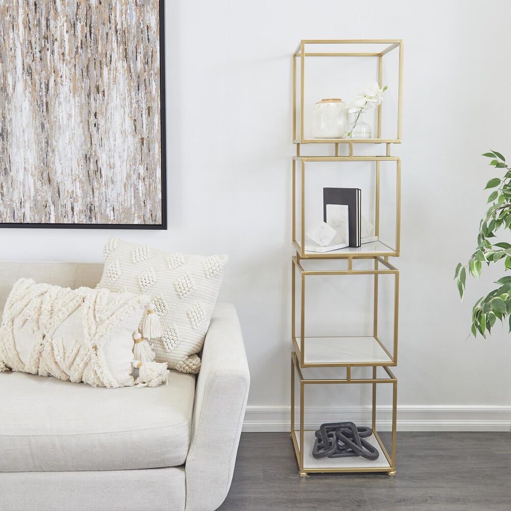 Maple and Jade 4-Shelf Cube Storage Shelving Unit in Satin Gold and White Marble, , large