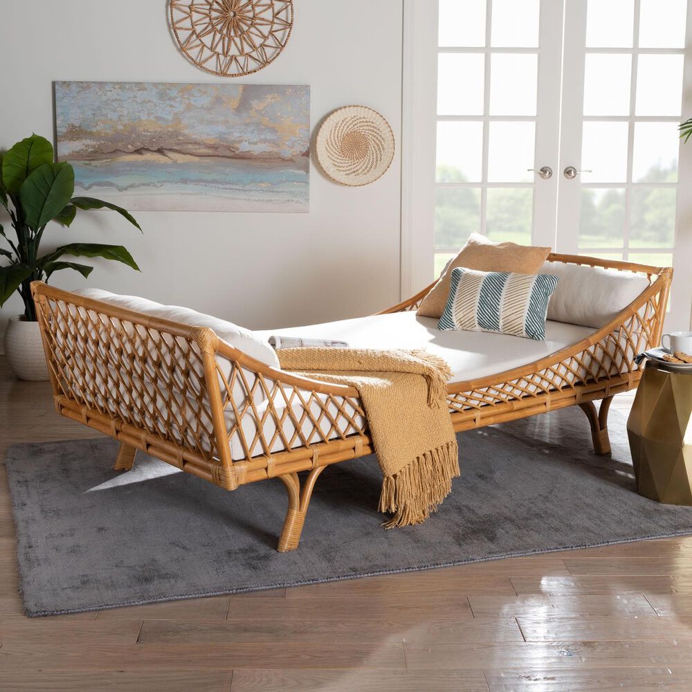 Baxton Studio Akemi Twin Rattan Daybed with Cushion in Light Honey, , large
