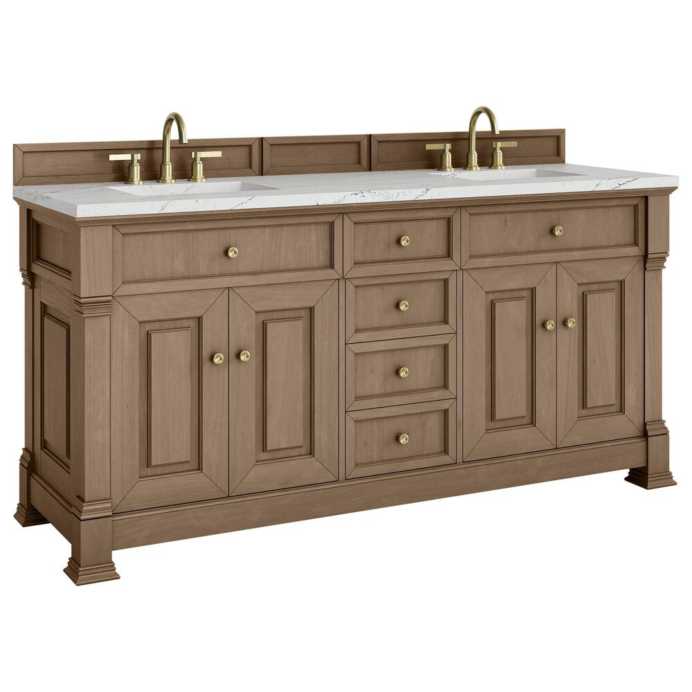 James Martin Vanities Brookfield 72" Double Bathroom Vanity in Pecan with 3cm Ethereal Noctis Quartz Top and Rectangular Sinks, , large