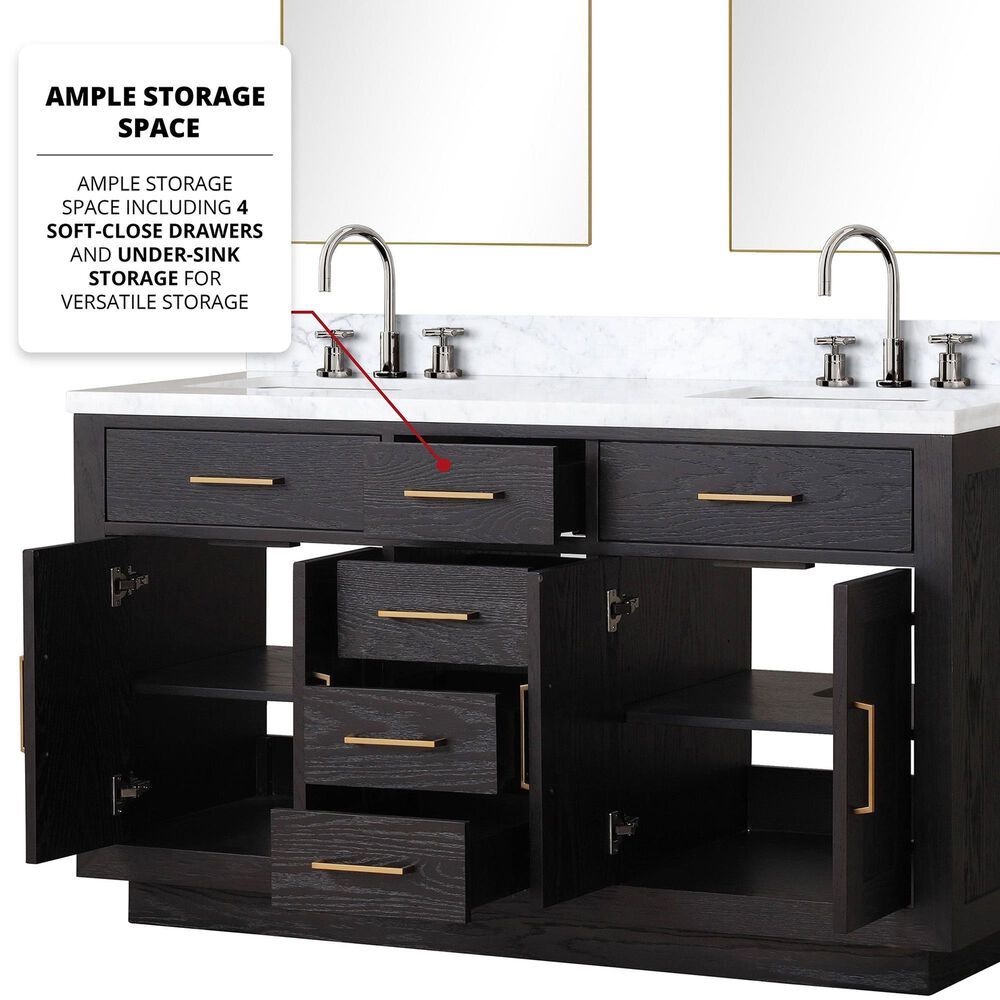 Lexora Home Abbey 60&quot; Double Bathroom Vanity in Black Oak with 2 cm White Carrara Marble Top and Rectangular Sinks, , large