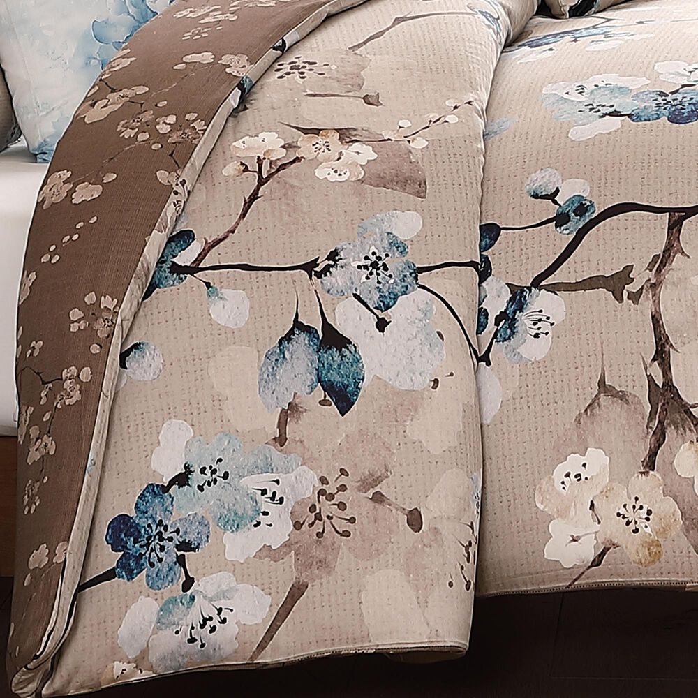 Bebejan Blue Blossom 5-Piece King Reversible Comforter Set in Cerulean Blue, Taupe and Dark Brown, , large