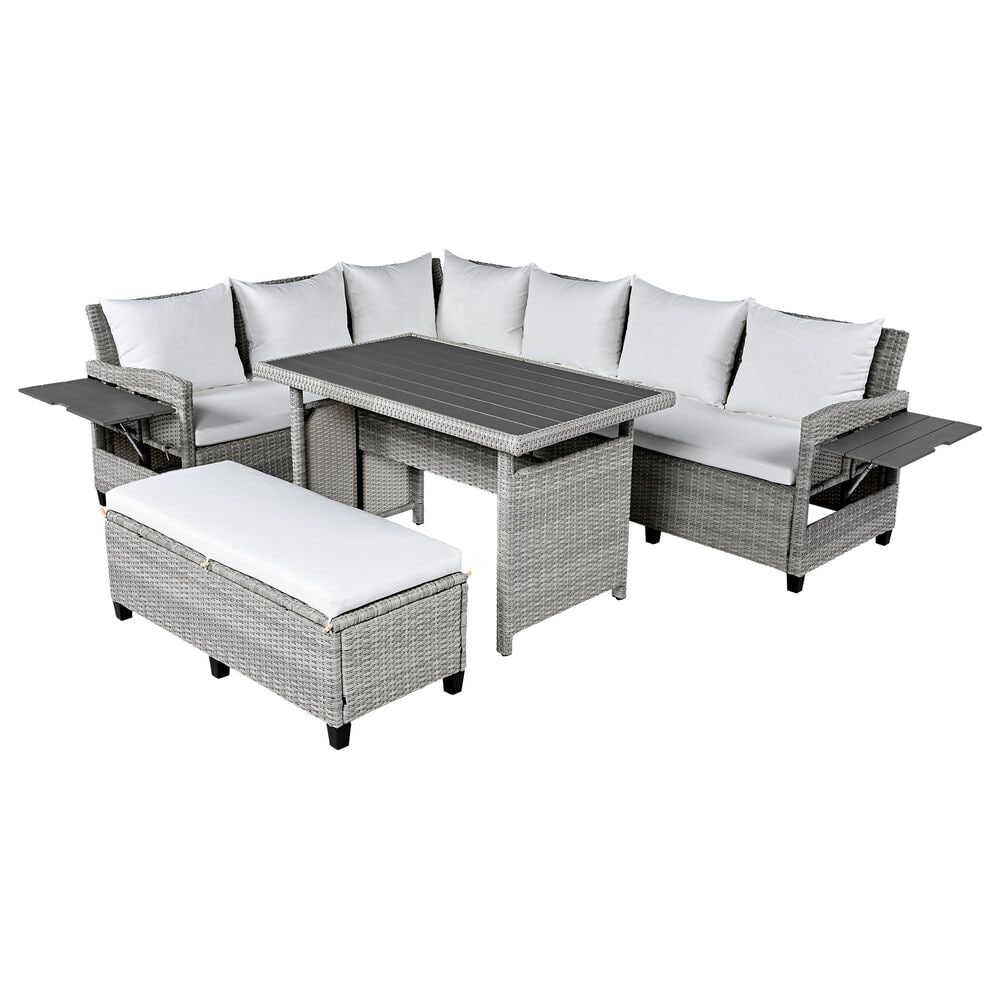 HOMLUX 5-Piece Outdoor Conversation Set with 2 Extendable Side Tables and Gray Rattan in White, , large