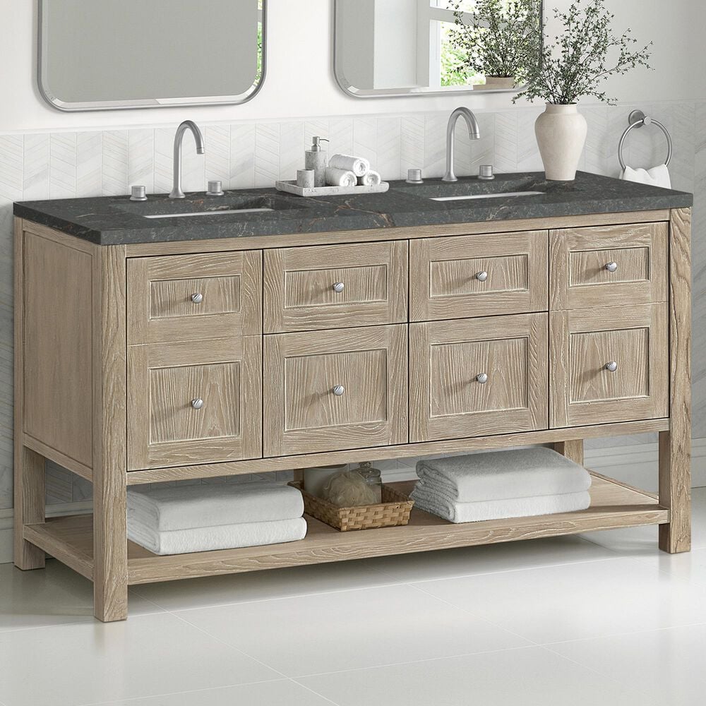James Martin Vanities Breckenridge 60&quot; Double Bathroom Vanity in Whitewashed Oak with 3 cm Parisien Bleu Quartz Top and Rectangular Sinks, , large