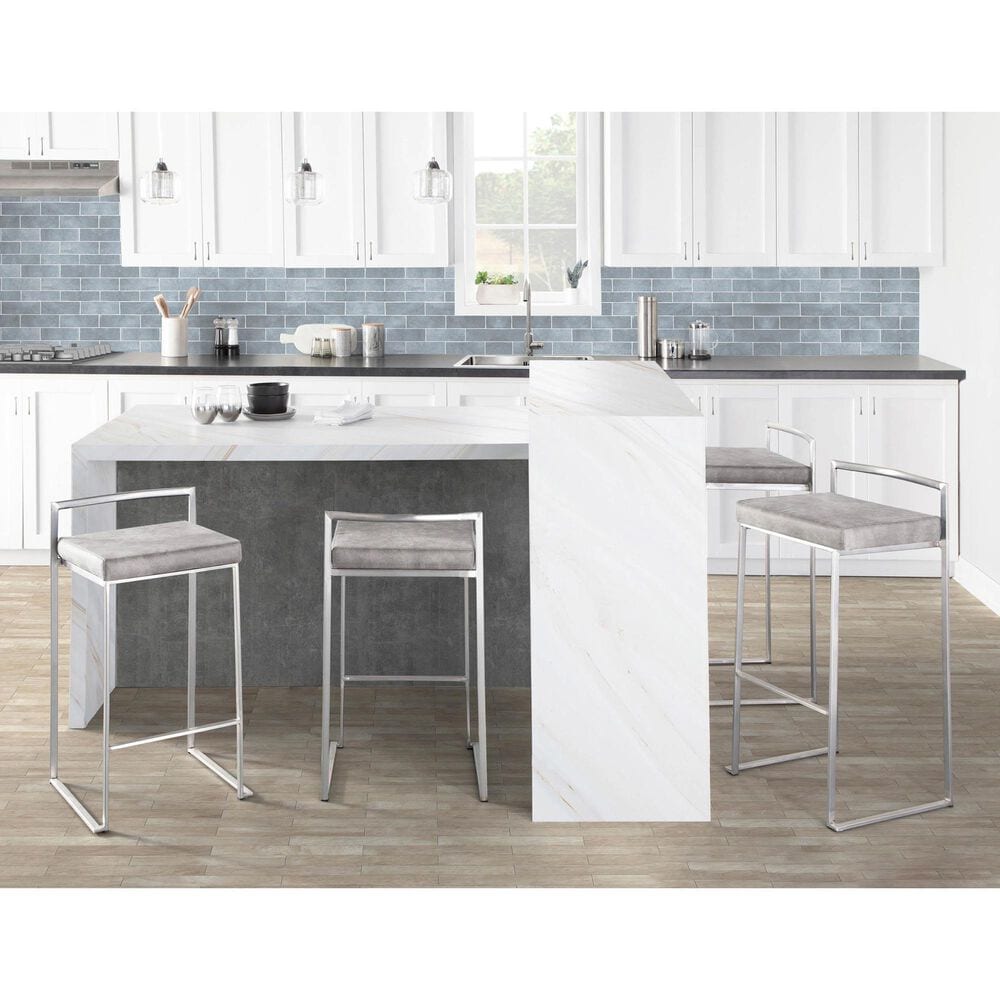LumiSource Fuji 26" Stacker Counter Stool with Light Grey Cowboy Upholstery in Brushed Stainless Steel (Set of 2), , large
