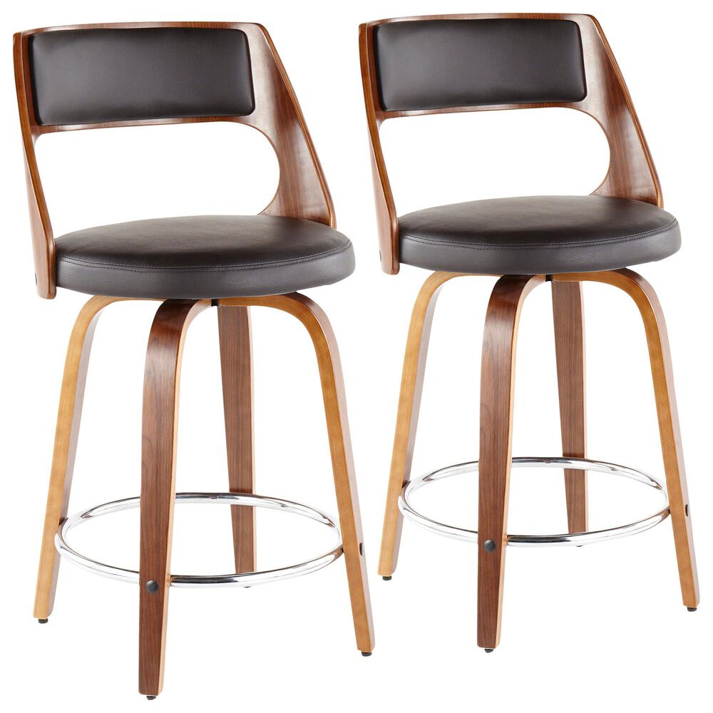Lumisource Cecina Swivel Counter Stool with Brown Cushion in Walnut and Chrome (Set of 2), , large
