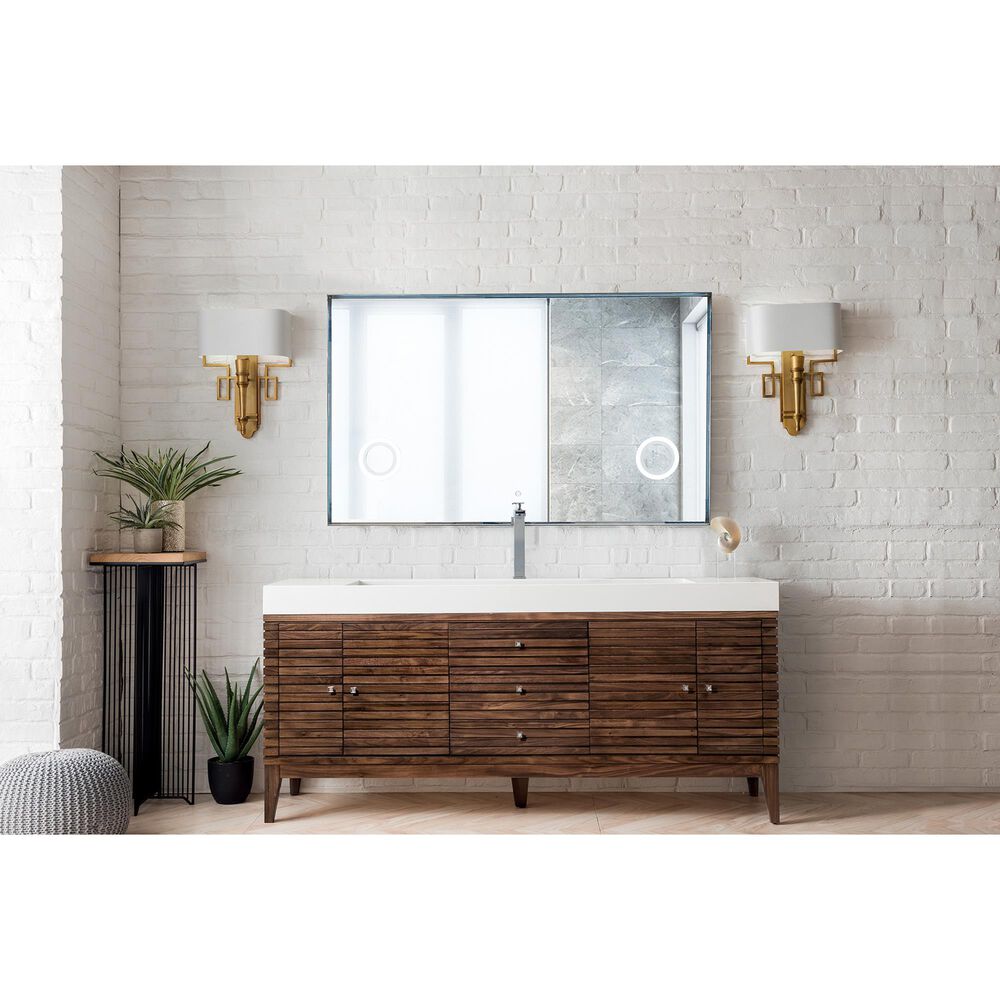 James Martin Vanities Linear 72&quot; Single Bathroom Vanity in Mid Century Walnut with 10 cm Glossy White Solid Surface Top and Rectangular Sink, , large