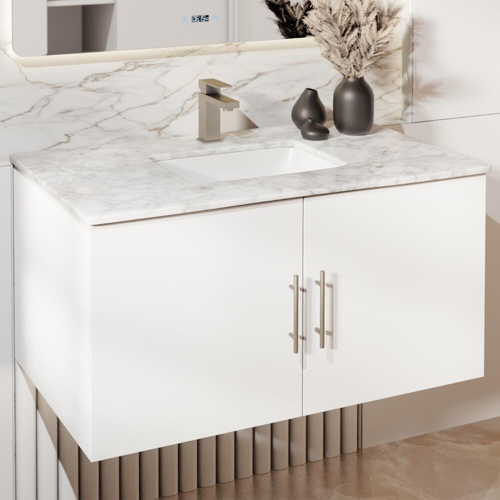 Lexora Home Geneva 36" Single Bathroom Vanity in Glossy White with 2 cm White Carrara Marble Top and Rectangular Sink, , large