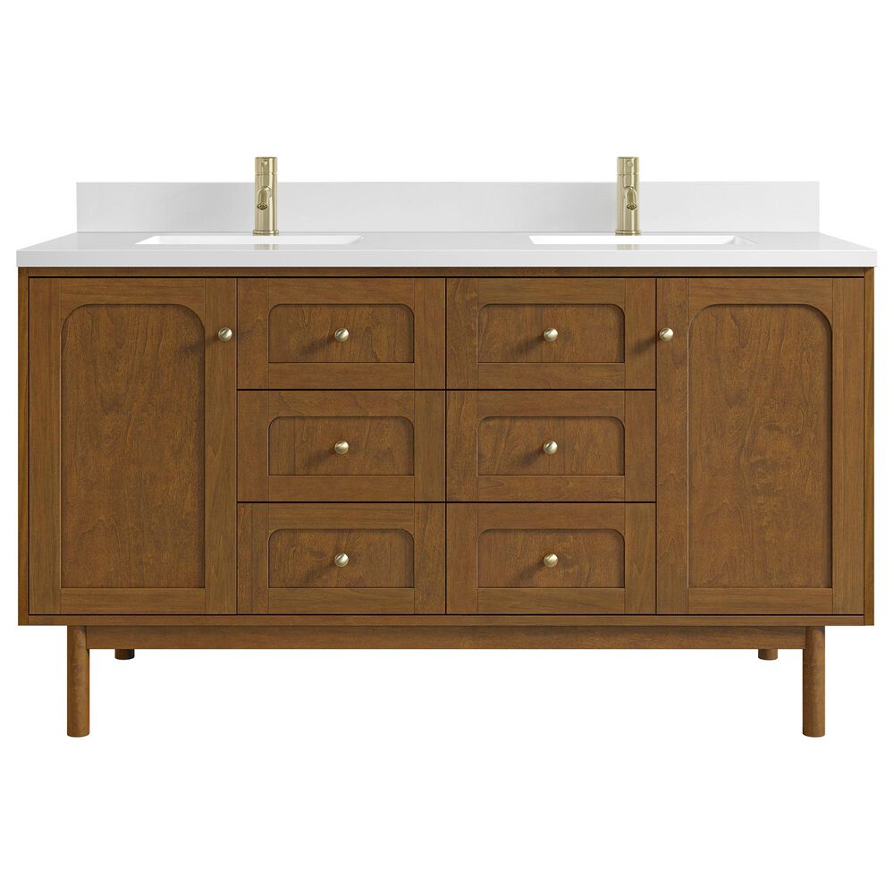 James Martin Laurent 60" Double Bathroom Vanity in Honey Oak with Single Hole 3 cm White Zeus Silestone Top and Rectangular Sinks, , large