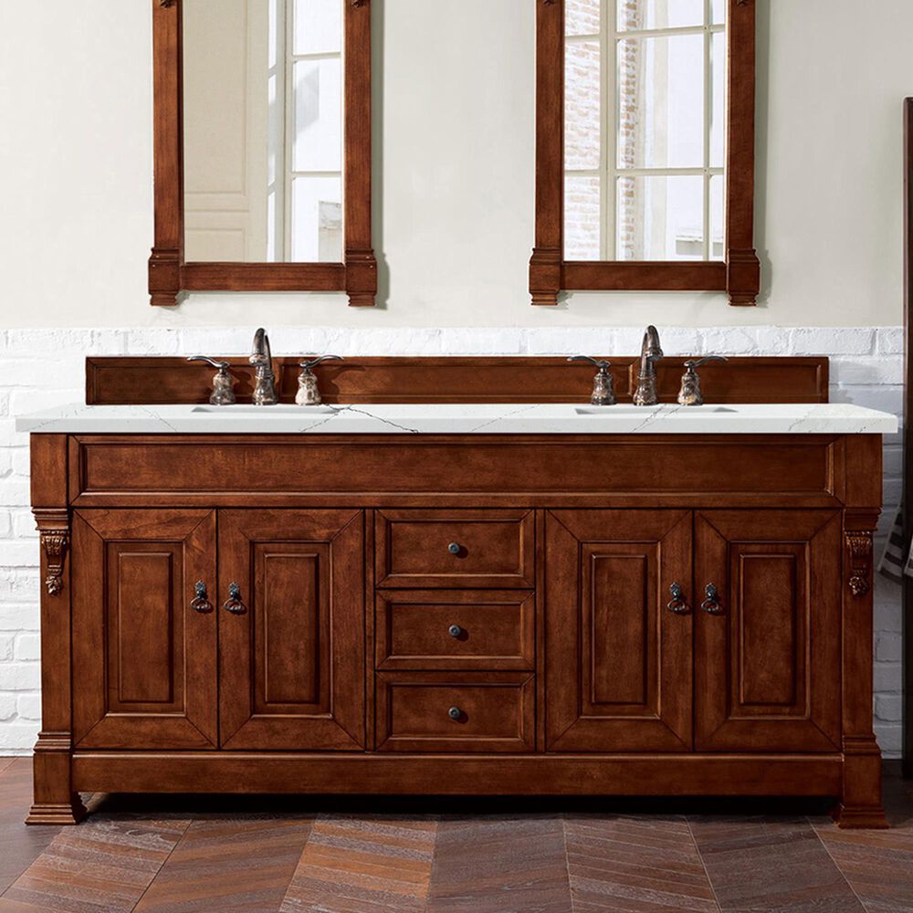 James Martin Vanities Brookfield 72&quot; Double Bathroom Vanity in Warm Cherry with 3 cm Ethereal Noctis Quartz Top and Rectangle Sinks, , large