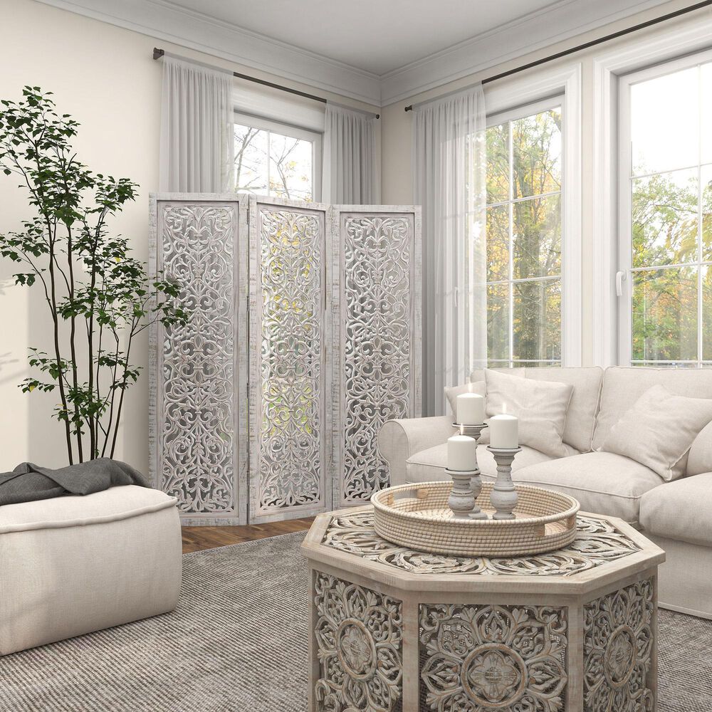 Maple and Jade 3-Panel Folding Screen in White, , large
