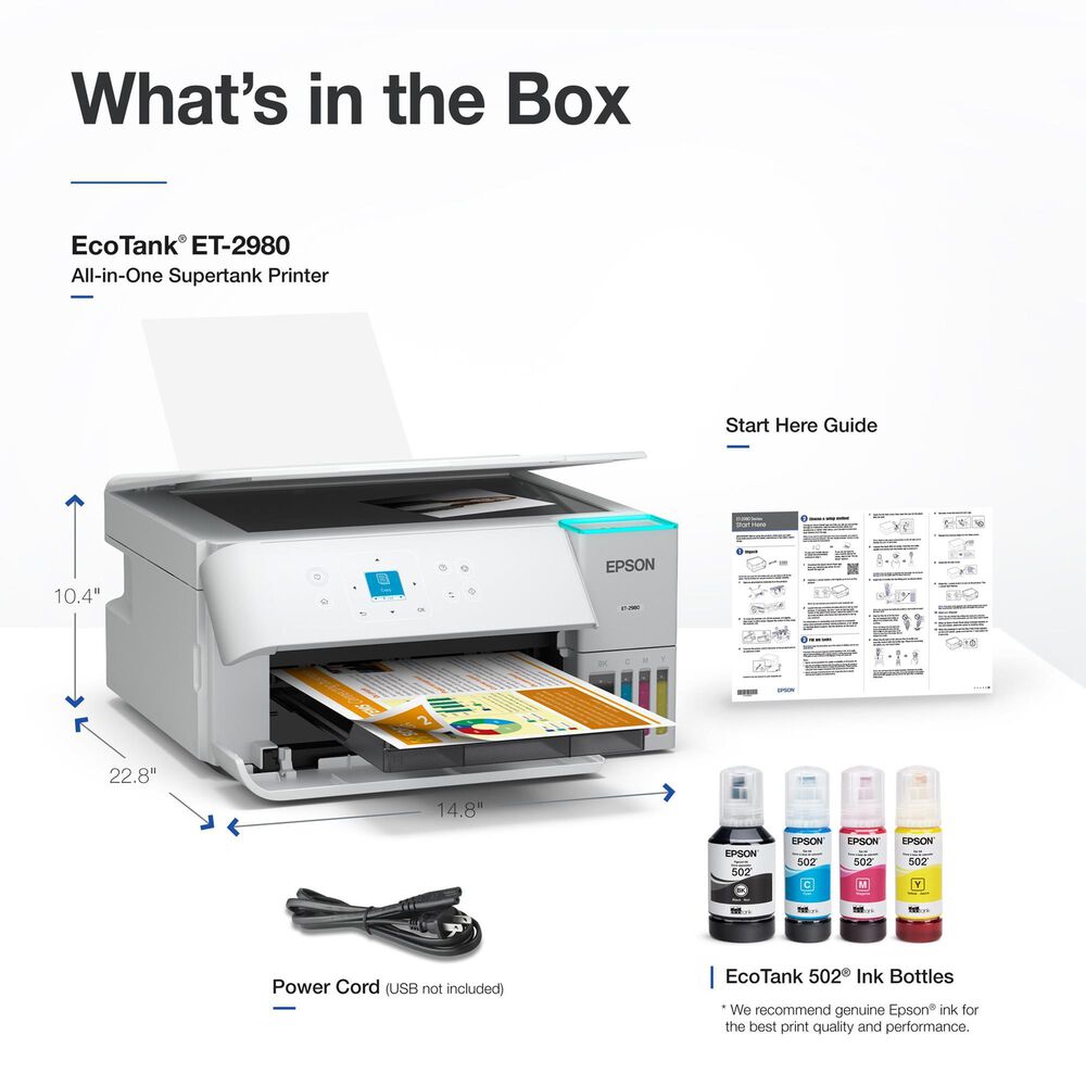 Epson EcoTank ET-2980 Wireless All-in-One Color Supertank Printer in White, , large