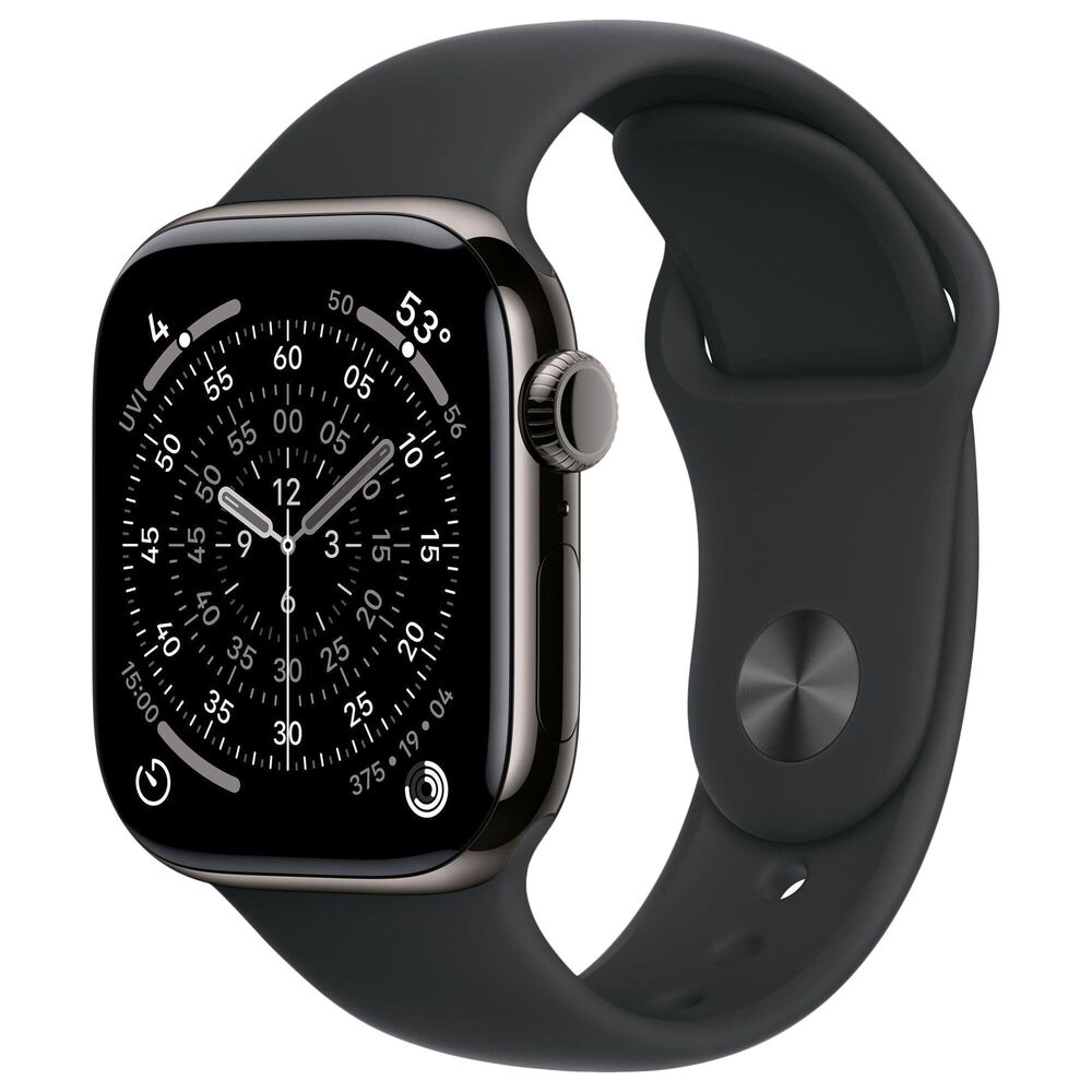 Apple Watch Series 11 (GPS+Cellular) 42mm Titanium Case with Black Sport Band - S/M in Slate and 2-Year AppleCare+, , large