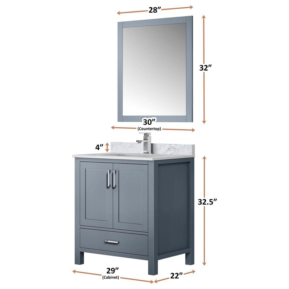 Lexora Home Jacques 30&quot; Single Bathroom Vanity in Dark Grey with 2 cm White Carrara Marble Top and Rectangular Sink, , large