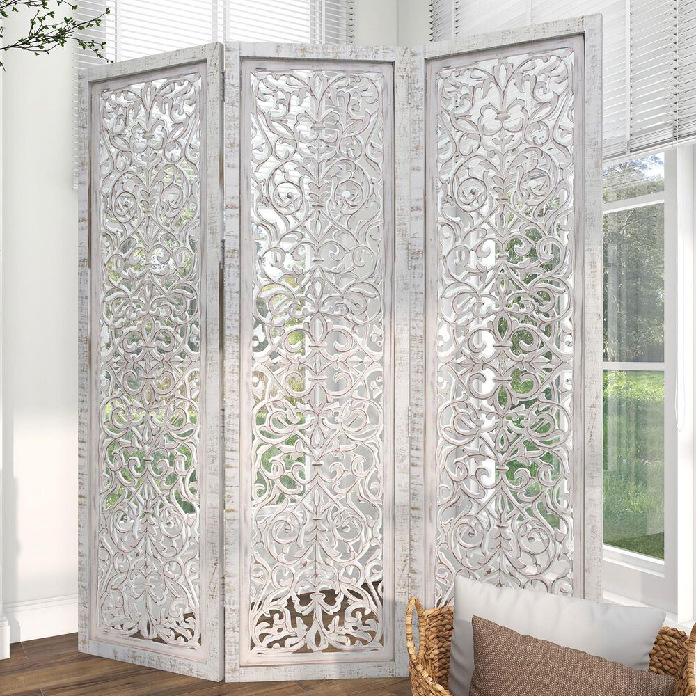 Maple and Jade 3-Panel Folding Screen in White, , large