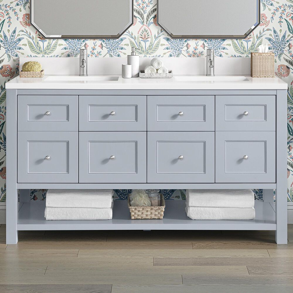 James Martin Vanities Breckenridge 60&quot; Double Bathroom Vanity in Serenity Blue with Single Hole 3 cm White Zeus Quartz Top and Rectangular Sinks, , large
